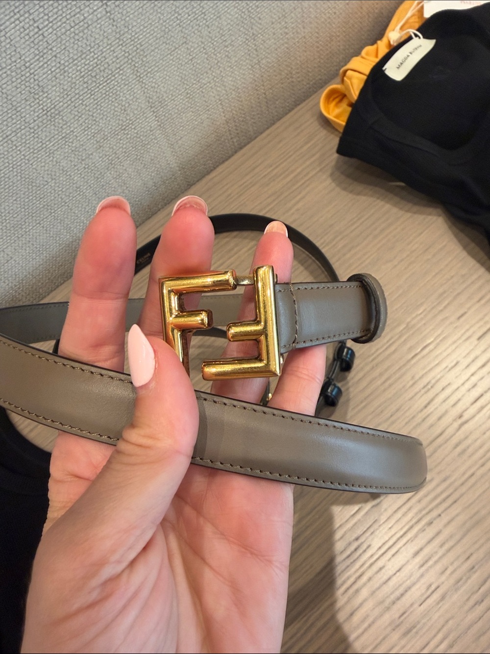 Fendi Taupe Leather Belt with Gold Double-F Buckle